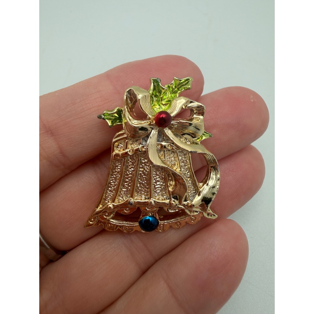 Gold Tone Enamel Christmas Bell Brooch with Red and Blue Rhinestones Holly Bow
